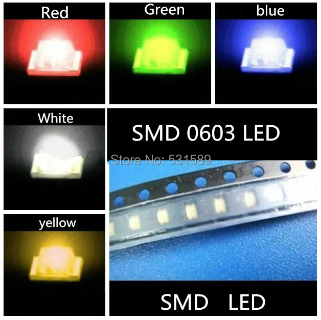 100pcsx5 цвета = 500 шт 0603 ультра яркий SMD LED красный зеленый синий белый желтый