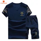 Футболка мужская с коротким рукавом, модный костюм, хипстерский топ с V-образным вырезом и шорты, лето 2019