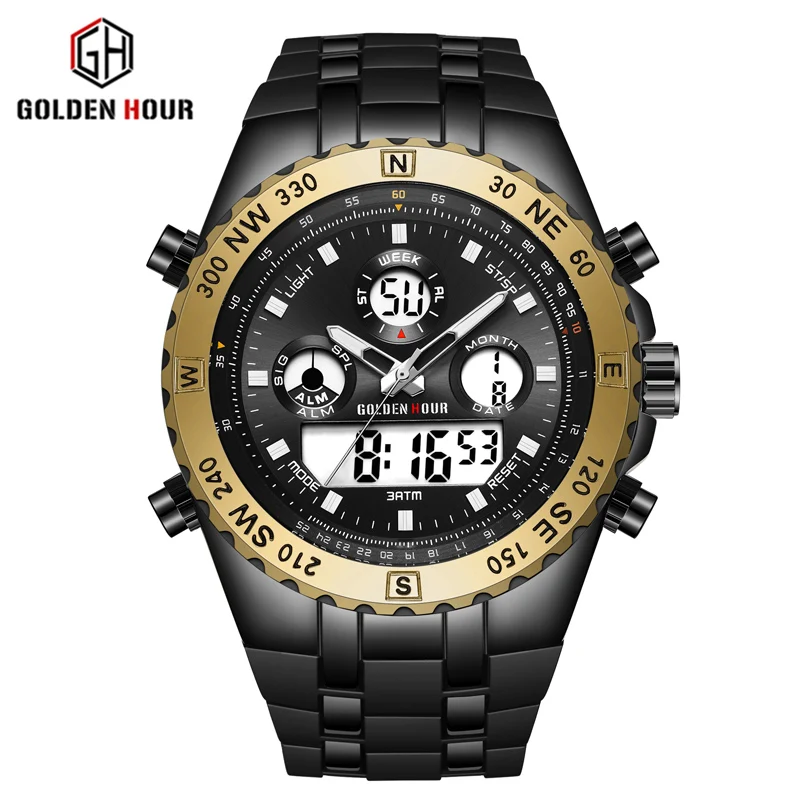 G B GOLDENHOUR мужские спортивные часы аналогово-цифровые с двойным дисплеем мужские модные уличные военные черные резиновые наручные часы светящиеся часы - Цвет: G B