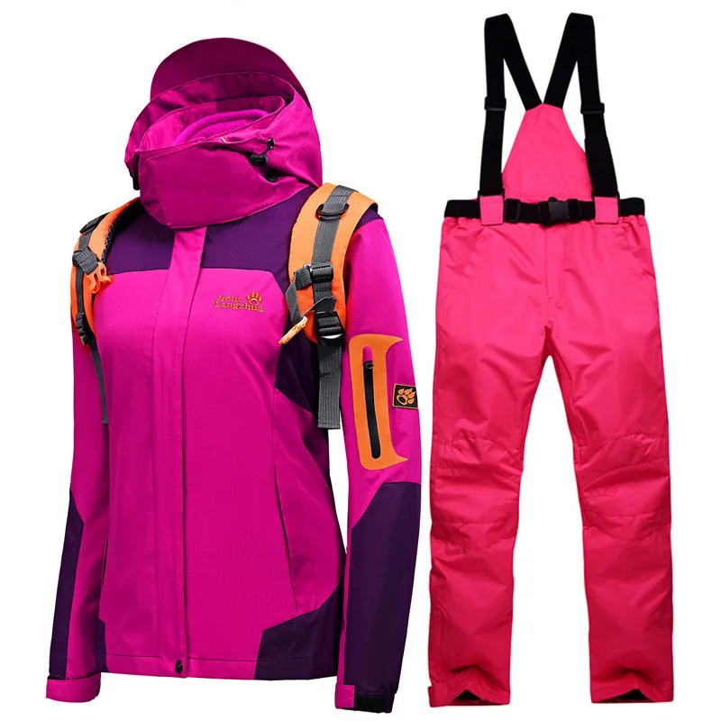 Rose red Bright pink Зимний лыжный костюм, женский бренд, высокое качество, лыжная куртка и штаны, теплые, водонепроницаемые, ветрозащитные, лыжные и сноубордические костюмы - Цвет: Rose red Bright pink