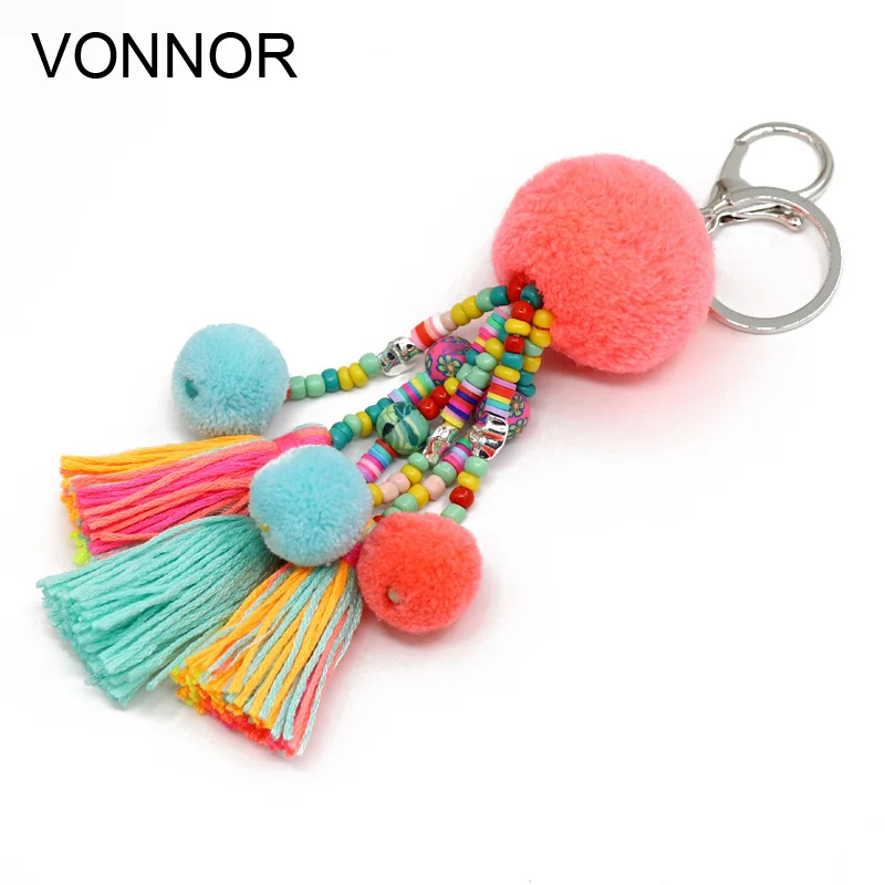 VONNOR Jewelry Boho Keychain Colorful Beads Tassel Pompom Pendant Car Key Chains Bohemian Accessories for Women Bag