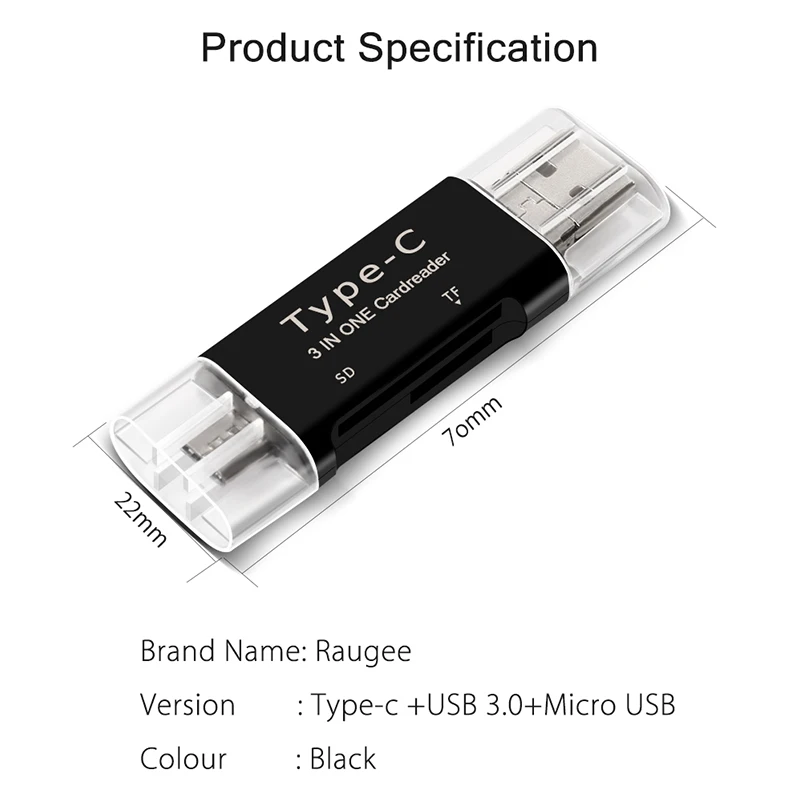 Raugee Micro USB и type-C устройство для чтения карт памяти Универсальный 3 в 1 USB 2,0 SD TF карта адаптер для MacBook PC мобильный телефон