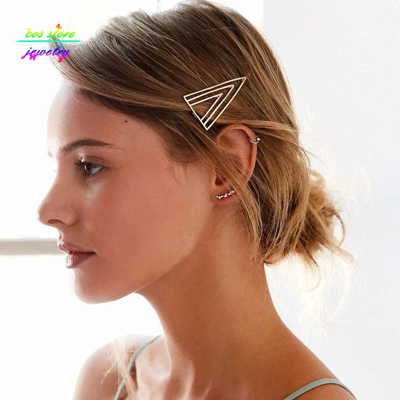 Простой стиль золотые двойные вставки треугольные заколки невидимки