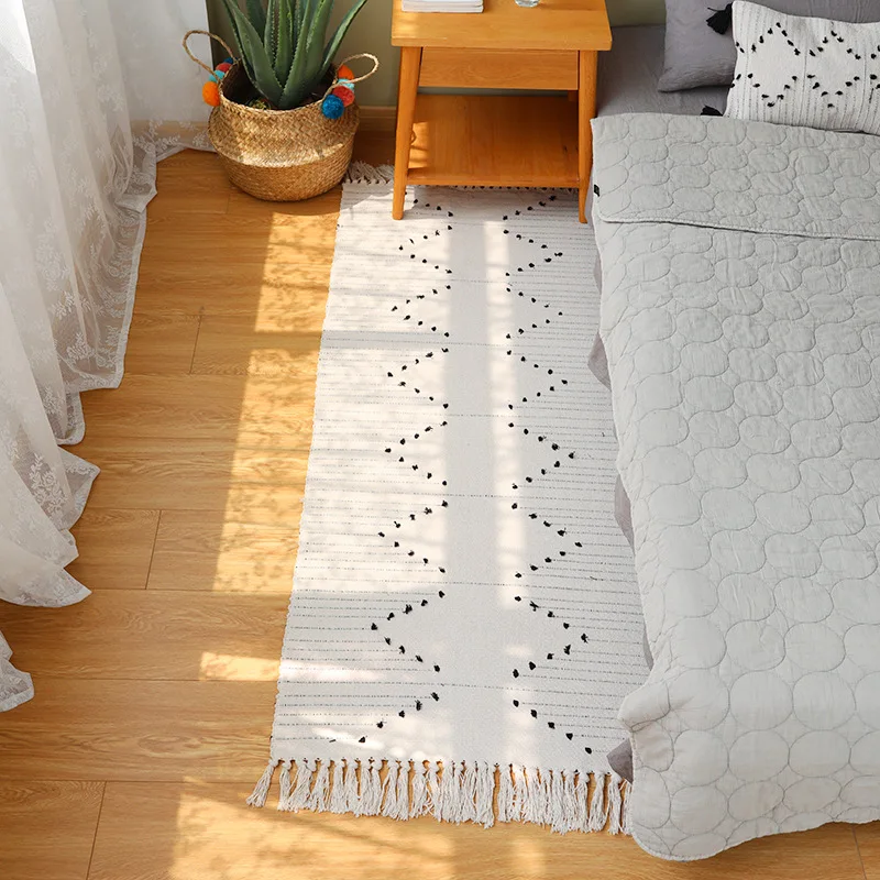 nordic pastoral style hand woven cotton yarn tassels carpet japanese white small area rug retro boho living room antiskid mat free global shipping