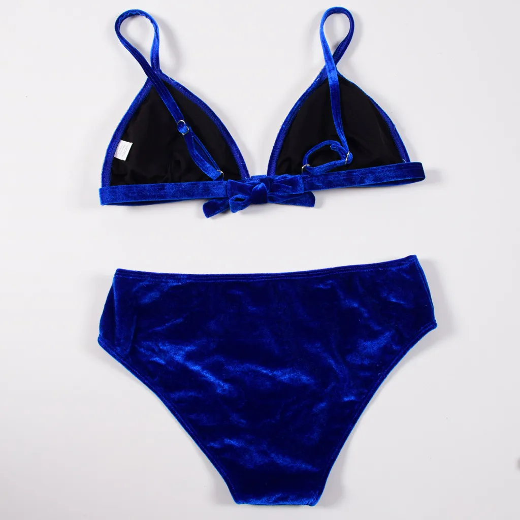 Для женщин Разделение купальник на завязках лоскутное бикини пуш ап синий