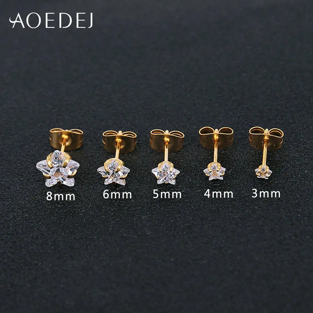 AOEDEJ 3-8 мм Золотая Звезда Серьги гвоздики из нержавеющей стали сережки со стразами розовые для женщин девушки сердце серьги цветные