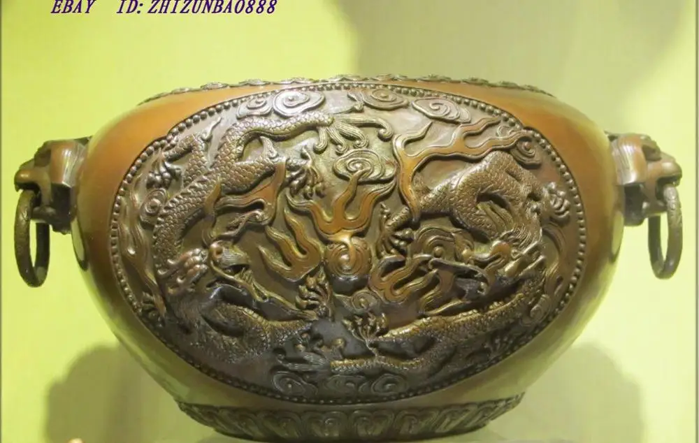 Китайская коллекция красная медь два дракона ИГРАТЬ мяч лев подъемное кольцо