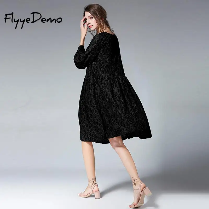 High Quality Loose Dress 2018 Summer Women Elegant Floral Lace Chiffon Knee Length Pleated Black Party | Женская одежда