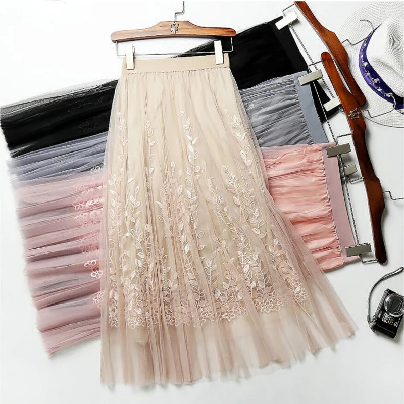 

Высококачественная элегантная фатиновая длинная Плиссированная юбка для женщин 2018 летняя Цветочная вышивка трапециевидная юбка-пачка кру...