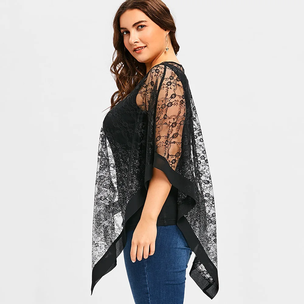 Wipalo Women Fashions Plus Size 5XL Sheer Asymmetric Lace Overlay Blouse 2019 Summer Three Quarter O Neck Tunic Tops Blusas|Блузки| |