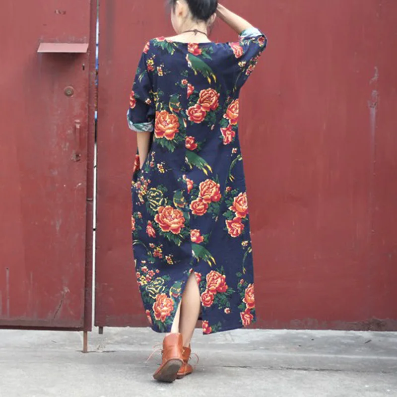 Платье женское длинное льняное с V образным вырезом и длинным рукавом|women dress|vintage