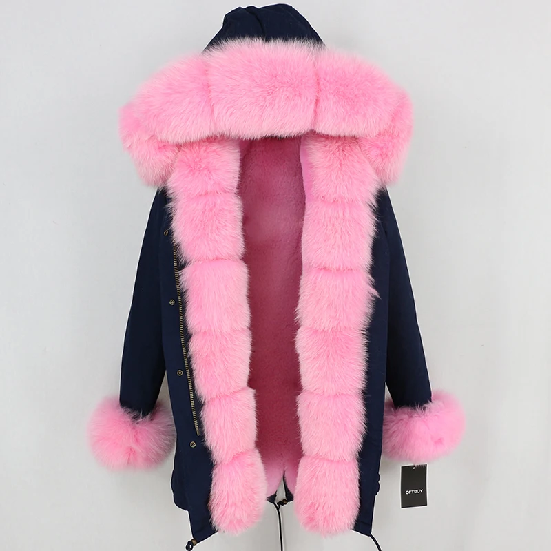 navy pink OFTBUY, зимняя женская куртка, пальто из натурального меха, Длинные парки, Воротник из натурального Лисьего меха, капюшон, Толстая теплая верхняя одежда, уличная одежда, съемная - Цвет: navy pink