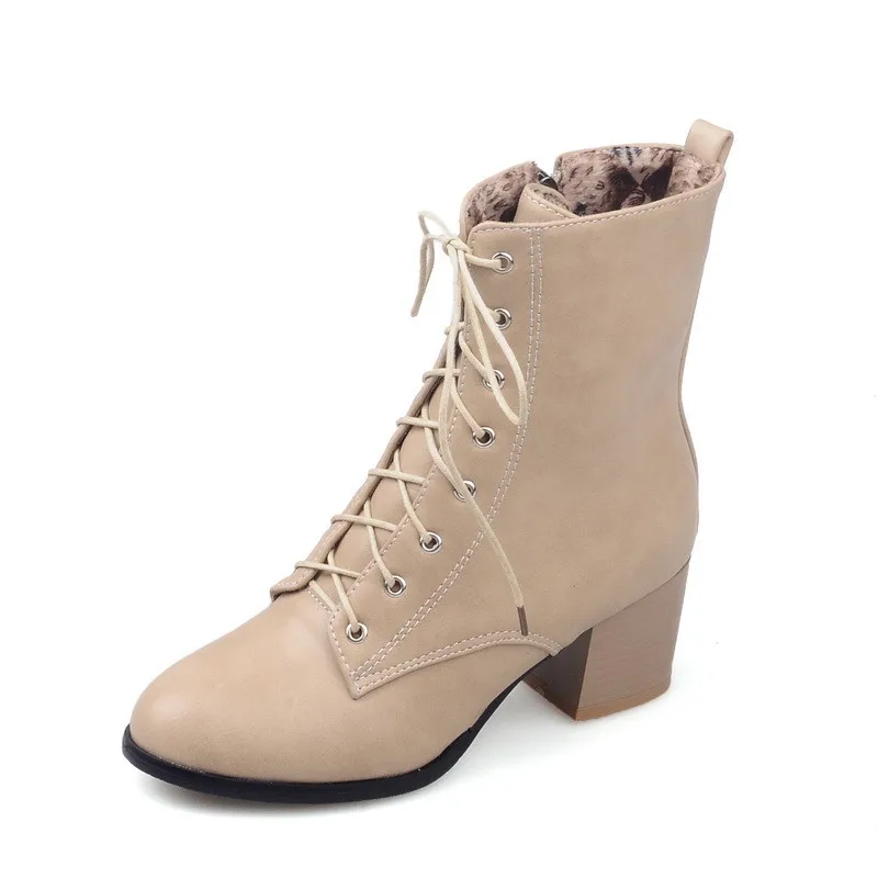 beige autumn RYVBA/; женские ботильоны; женские ботинки на квадратном каблуке; сезон осень-зима; Женская рабочая обувь с перекрестной шнуровкой и круглым носком; большие размеры - Цвет: beige autumn