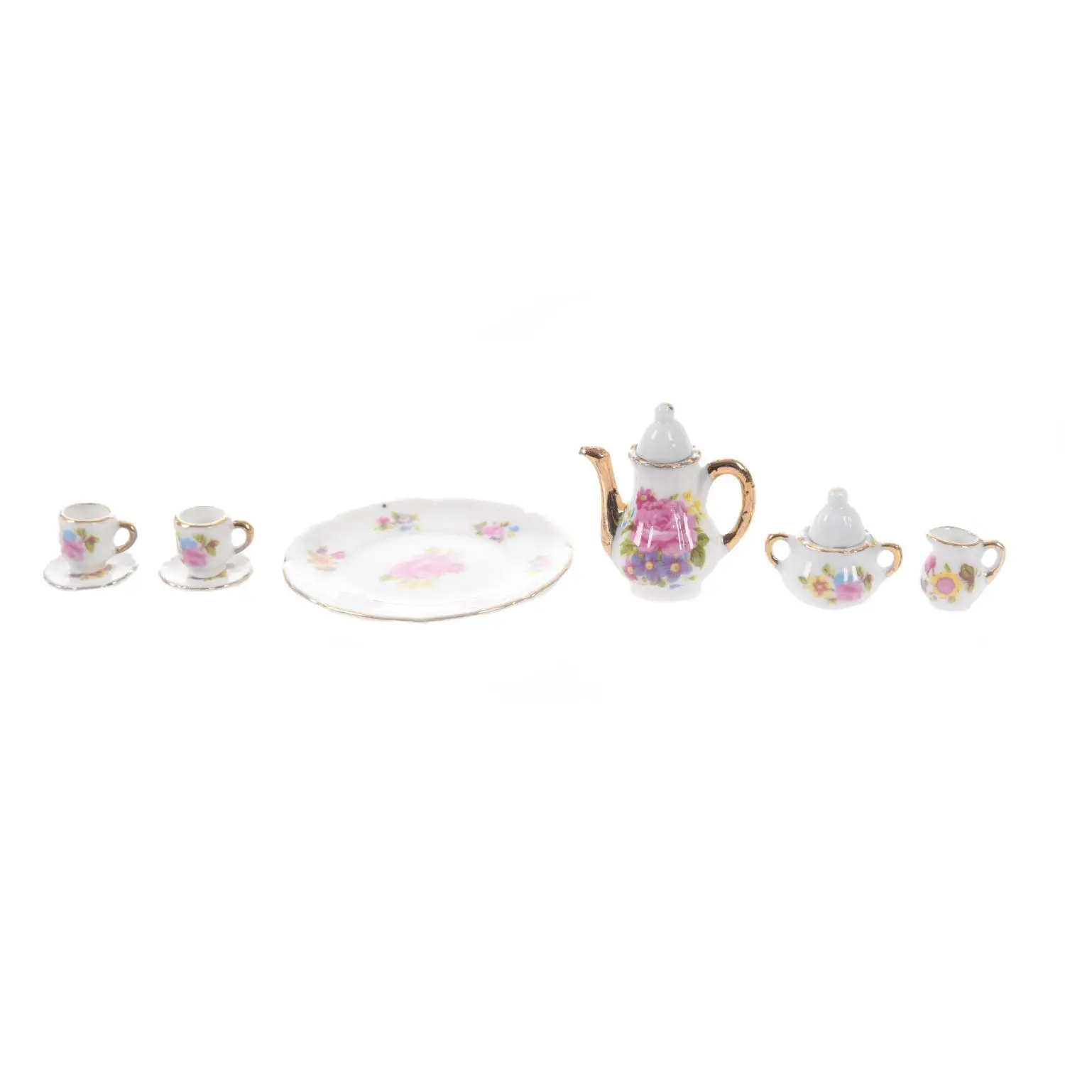 

8pcs Dollhouse Miniature Dining Ware Porcelain Tea Set Dish Cup Plate -Pink Rose