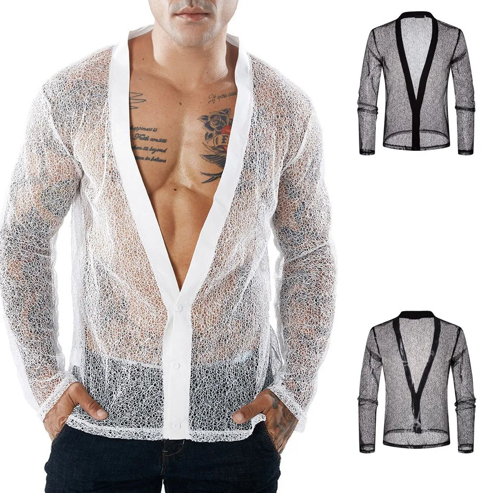 2019 Мужская Осенняя Модная Повседневная Клубная сетчатая рубашка с длинными