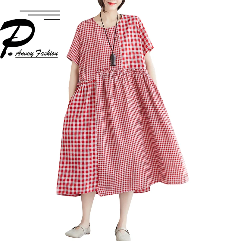Женское клетчатое платье с коротким рукавом 2019 летнее хлопковое льняное