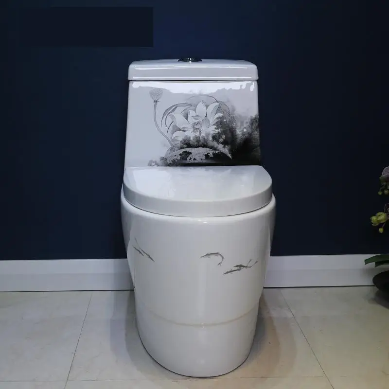 Conjoined Art Toilet Mute Water Saving Anti Odor Bathroom Ink And Lotus pattern Household seat | Обустройство дома