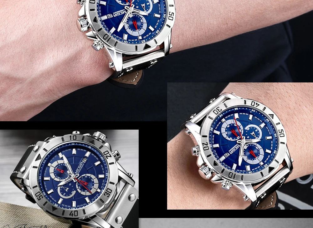 Megir Мужские кварцевые часы с хронографом и кожаным ремешком армейские спортивные