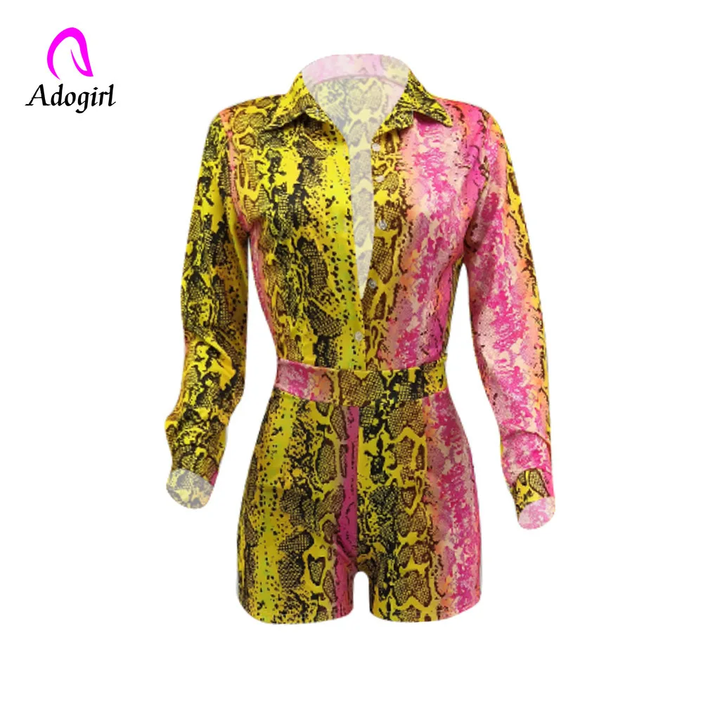 Women Work Jumpsuit Serpentine Printed Long Sleeve Playsuit Spring Turn Down Collar Button Up High Street Party Short Overall | Женская