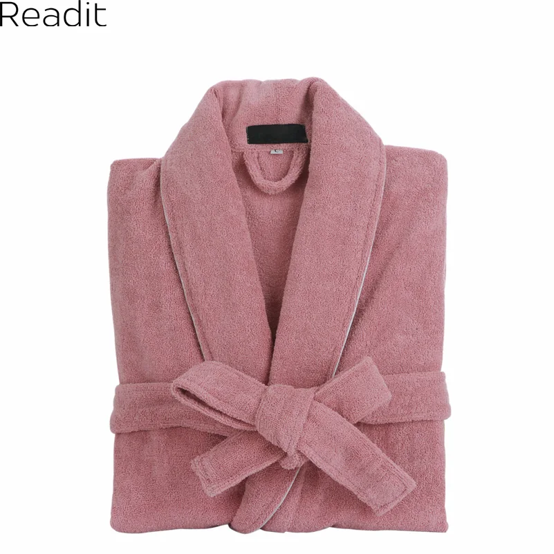 Men Women 100% Cotton Terry Bathrobe Lovers Solid Towel Sleepwear Long Bath Robe Kimono Femme Dressing Gown PA2352 | Женская одежда