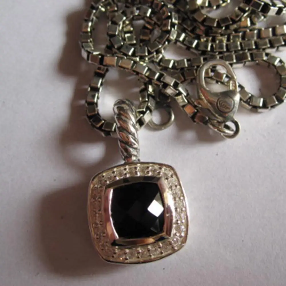 Black Onyx Ювелирные изделия из стерлингового серебра 7 мм, аметист, черный оникс, голубой топаз, миниатюрное ожерелье, женская подвеска, ожерелье, 2 мм, цепочка в коробке, 18 дюймов - Цвет камня: Black Onyx