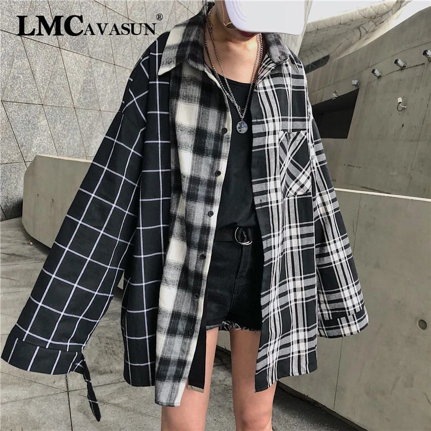 LMCAVASUN Весенняя рубашка женская клетчатая хлопковая Лоскутная Блузка с длинным рукавом для девочек Корейский Топ уличная блузка