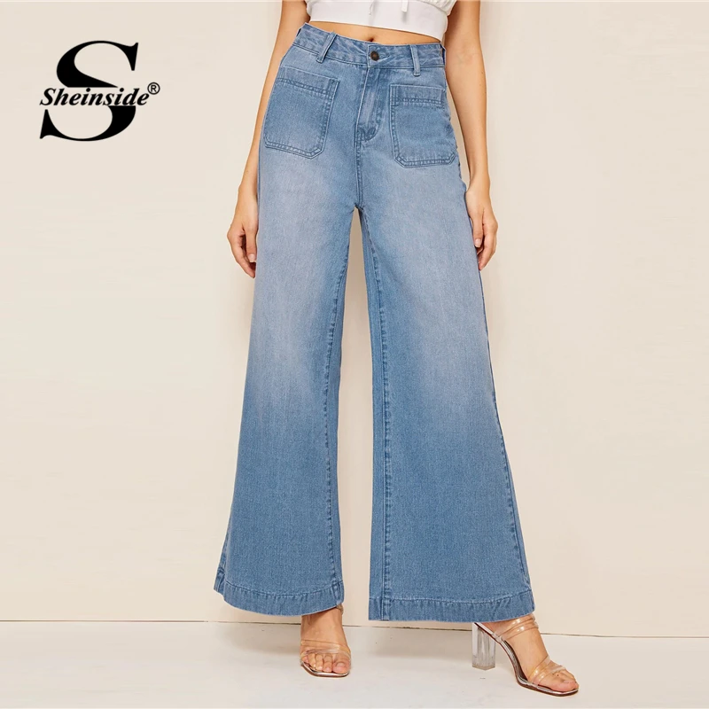 Sheinside Blue Vintage Double Pocket Detail Jeans Women Summer Mid Waist Wide Leg Trousers Ladies Denim Button Pants