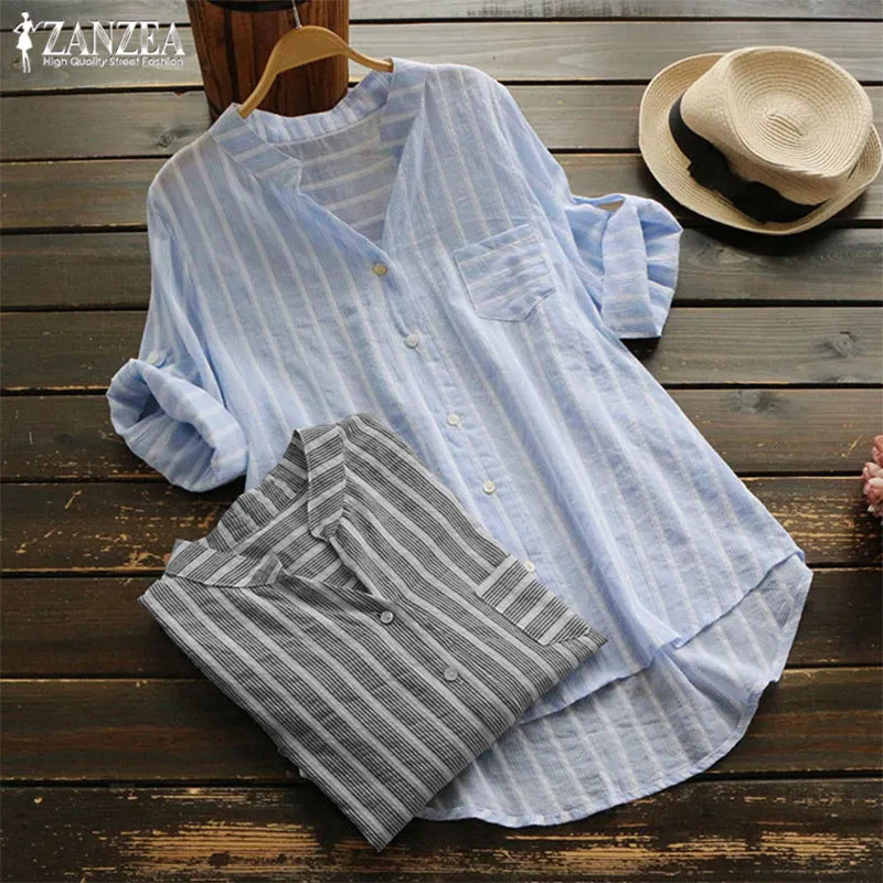 

2021 ZANZEA Plus Size Striped Tops Womens Cotton Blouse Fashion 3/4 Sleeve Shirts Femlae Button Down Blusas Female V Neck Tunic