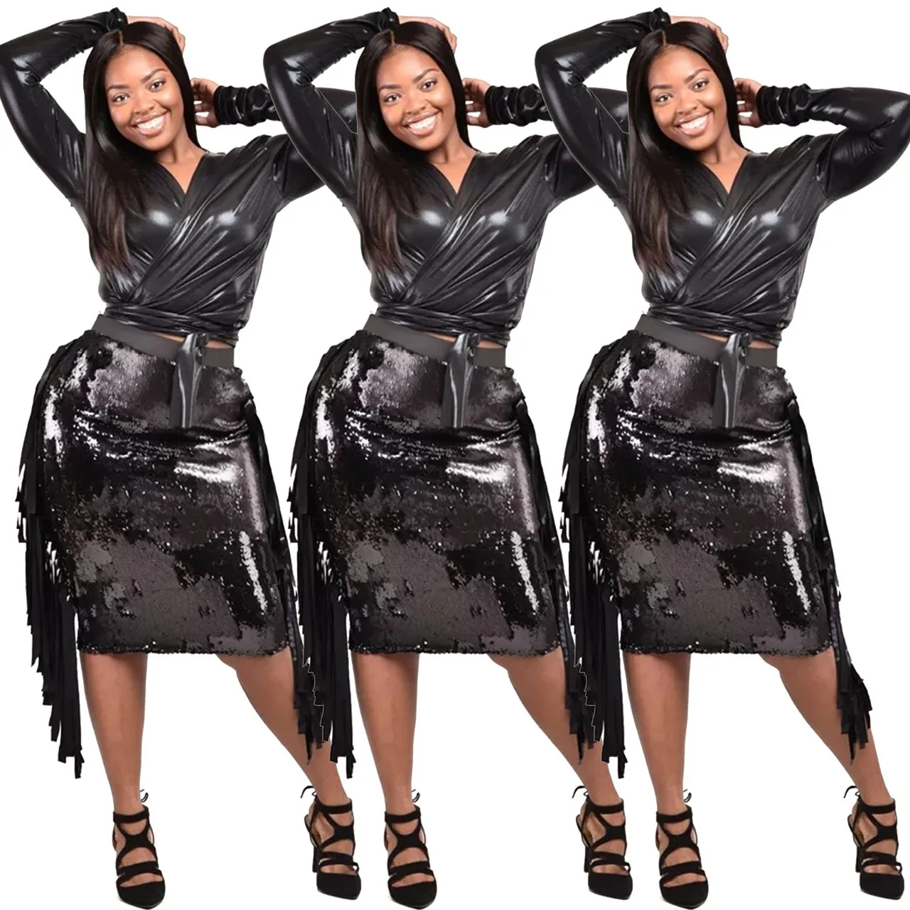 Женская мода 2 шт наборы ПУ топы блестки юбка сексуальный комплект из двух частей