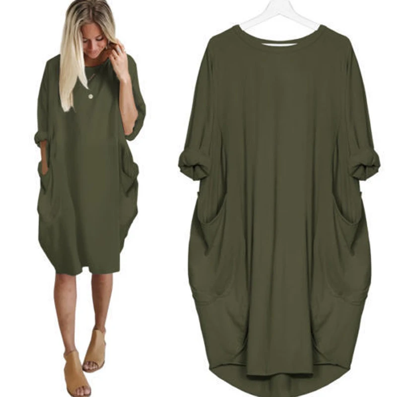 2019 модное свободное платье с карманами женское повседневное длинное топ круглым