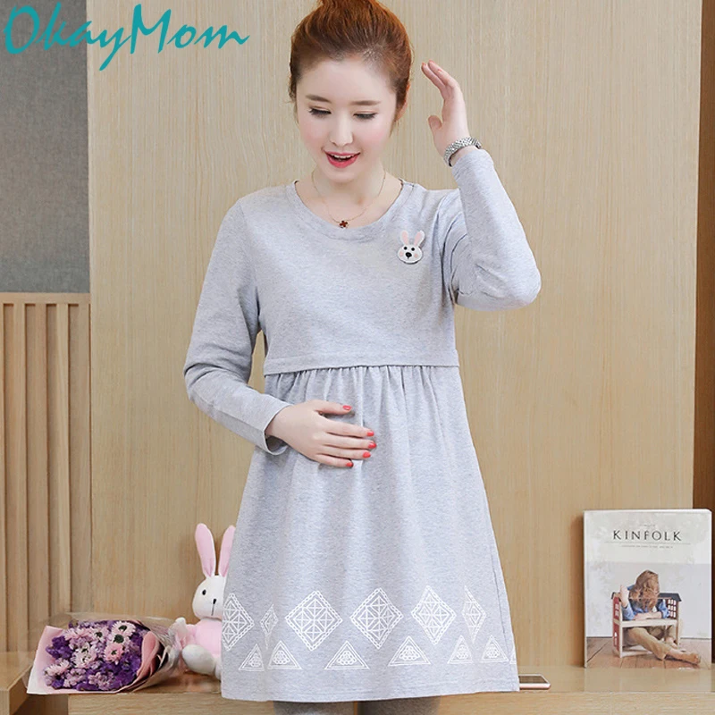 

OkayMom Maternity Nursing Dresses Clothing Korean Causal Breastfeeding Dress For Pregnant Pregnancy Nurse Wear Top Clothes Fall