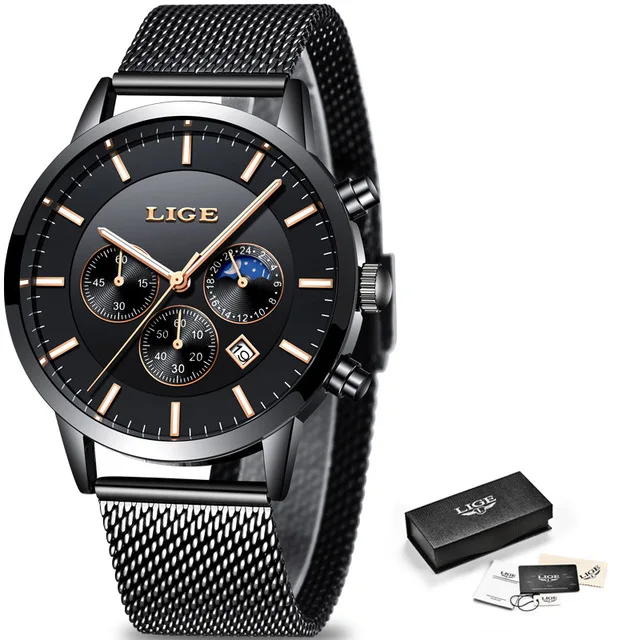 All black Новинка, мужские часы LIGE s, Топ бренд, Роскошные, бизнес часы, спортивные, водонепроницаемые, кварцевые часы, модные, Moon Phase, золотые часы для мужчин - Цвет: All black