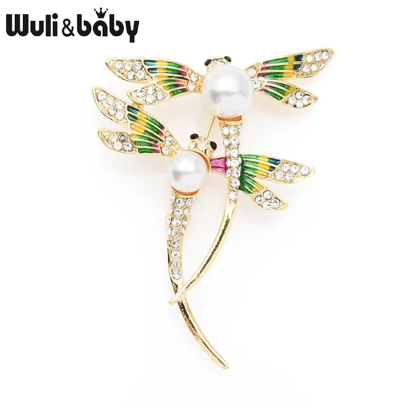 Wuli&ampbaby Enamel Double Dragonfly Brooches Green Wings Simulate-pearl Insect Brooch Pins For Women 2019 | Украшения и