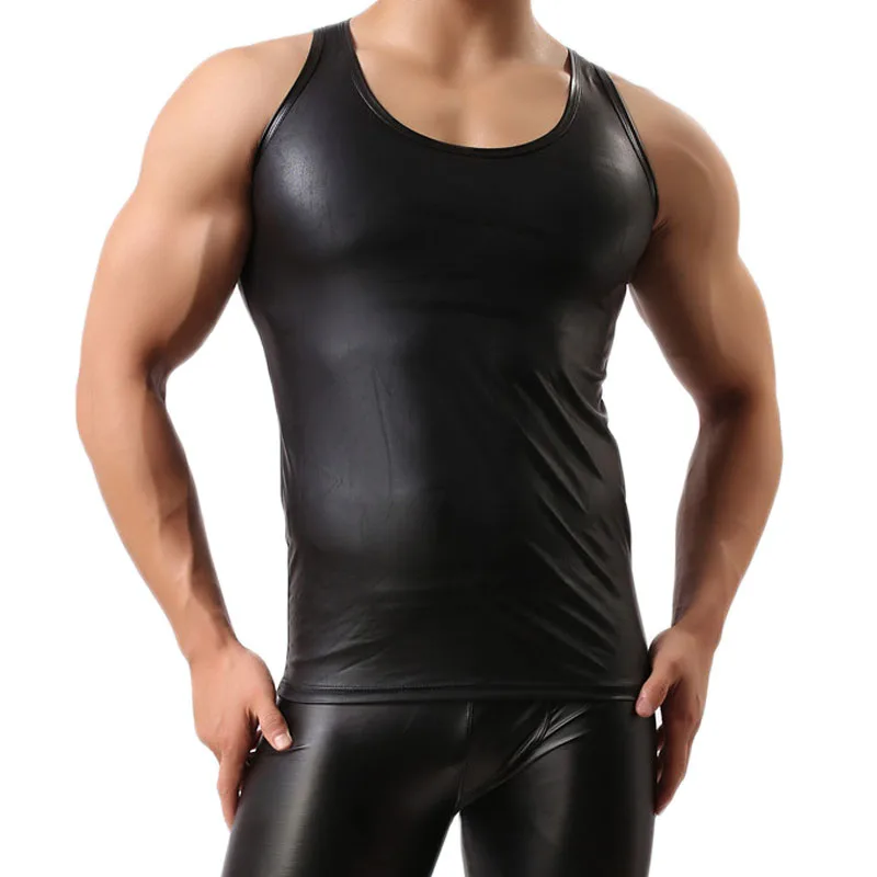 Sexy Men's T-Shirt Black Faux Leather Short Sleeve PU Undershirt Tank Top Vest Waistcoat Underwear Gay Male Undershirt