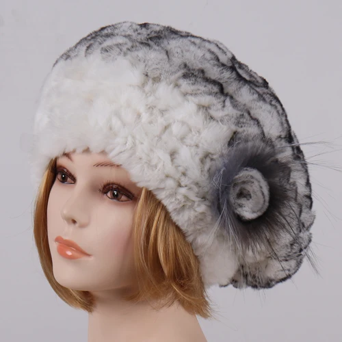 white and black Новинка, вязаные женские шапки с натуральным мехом, женские шапки с цветами в полоску, натуральная шапка из меха кролика Рекс, русская зимняя теплая шапка из натурального меха - Цвет: white and black