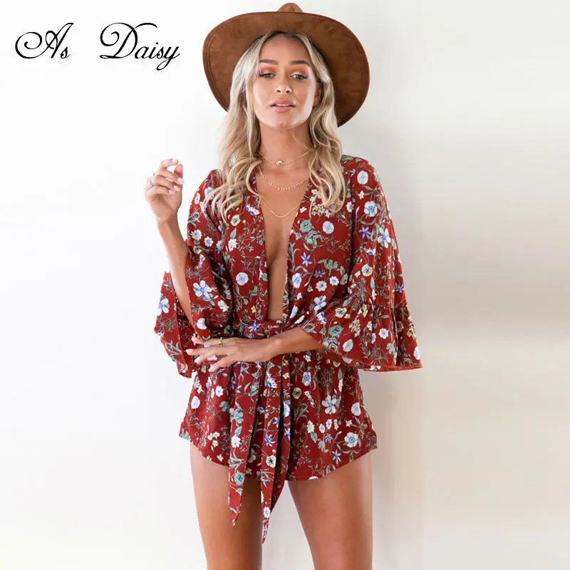 Как ромашка Boho Цветочный принт оборками Комбинезоны Для женщин Лето 2017 г.