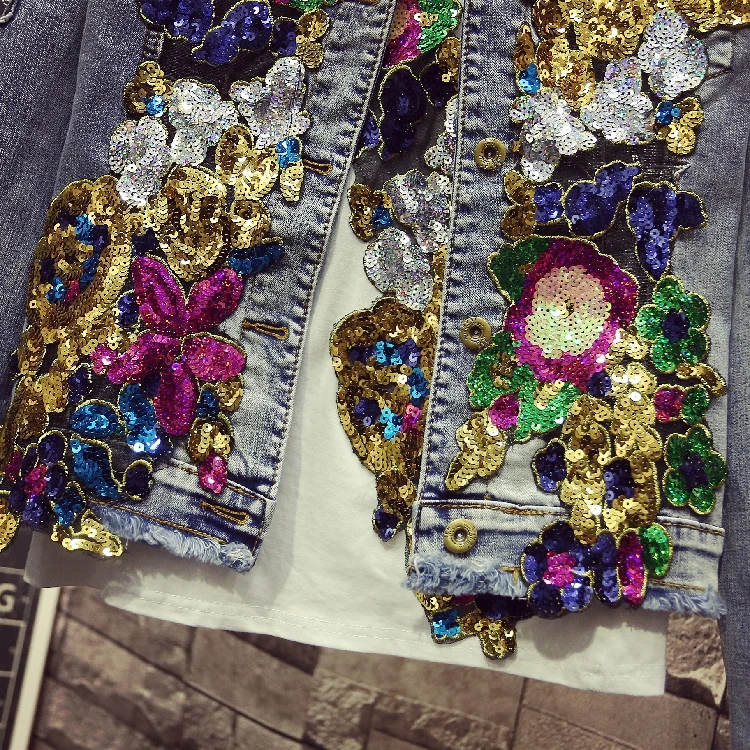 Новая мода весна осень Женская 2019 с цветочным рисунком из пайеток синяя