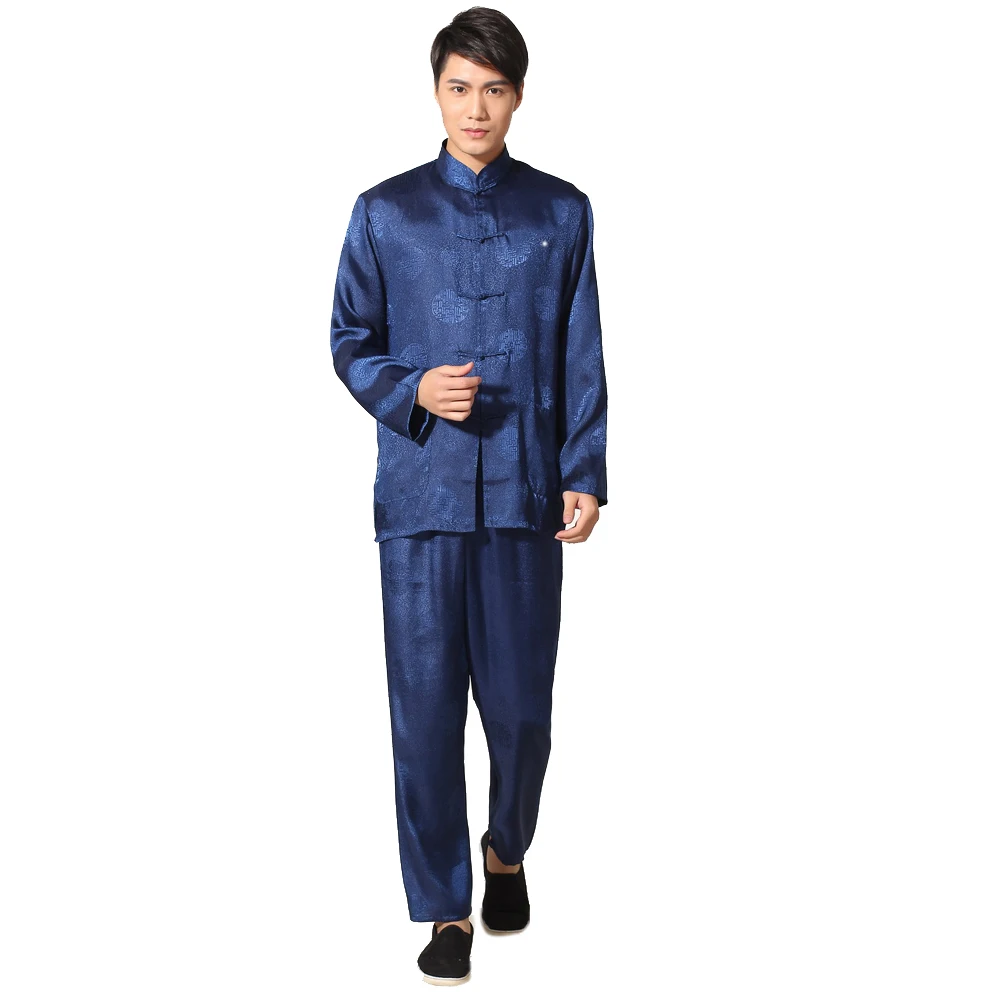 

Темно-синий китайский мужской костюм кунг-фу, атласная Униформа Тай Чи Ву Шу, винтажная одежда с драконом, размеры S, M, L, XL, XXL, XXXL, MS022