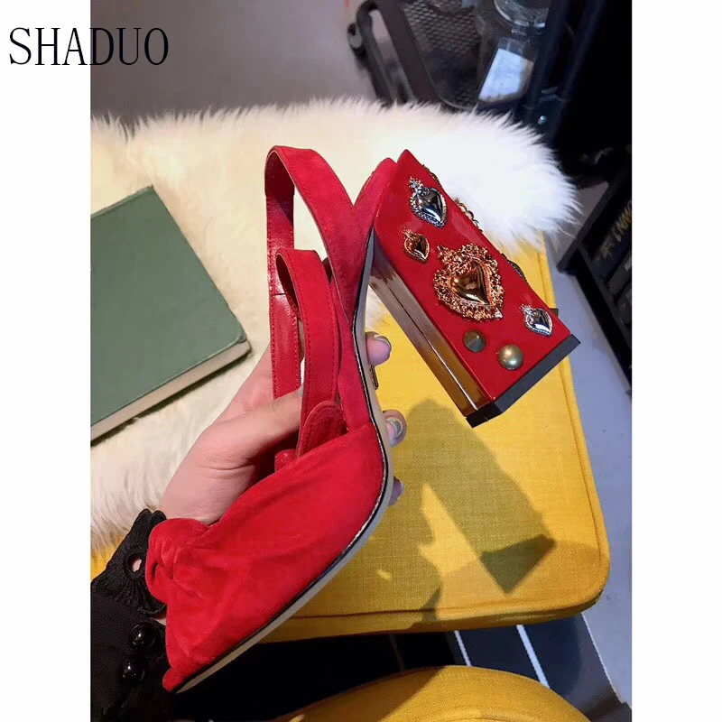 Shaduo/ роскошные женские туфли из натуральной кожи с открытым носком на высоком каблуке с декоративными заклепками свадебные туфли с пряжкой