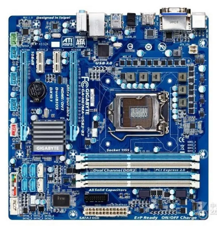 Оригинальная б/у Материнская плата Gigabyte 1155 для настольного ПК разъем H67 LGA DDR3