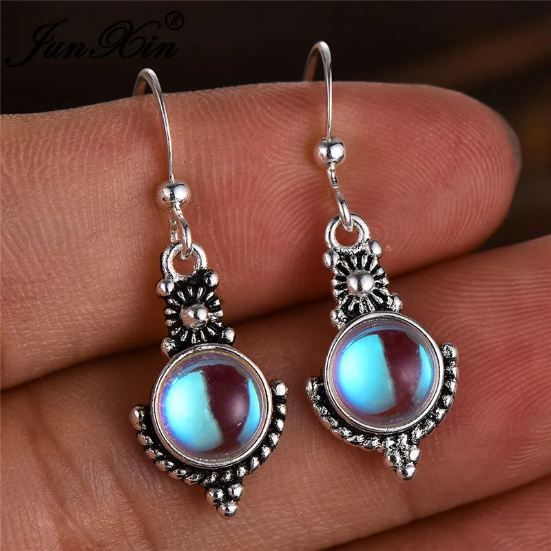 Модные женские круглые серьги капли с лунным камнем серебряного цвета длинные