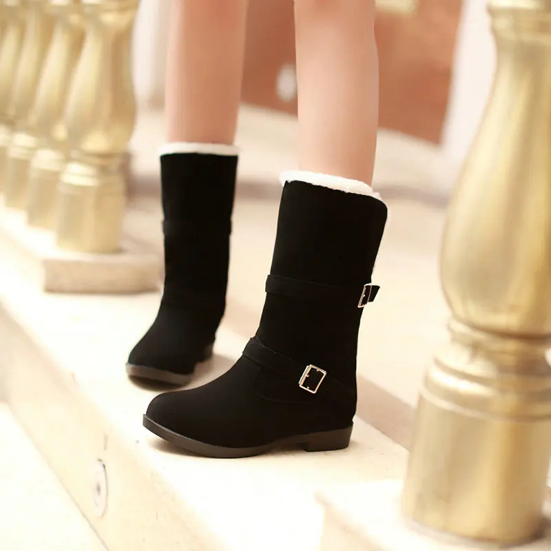 QUTAA Scrub Fashion Round Toe Casual Mid Calf Boots Buckle Comfort Low Heel Winter Warm Fur Orange Women Shoes Size 34-40