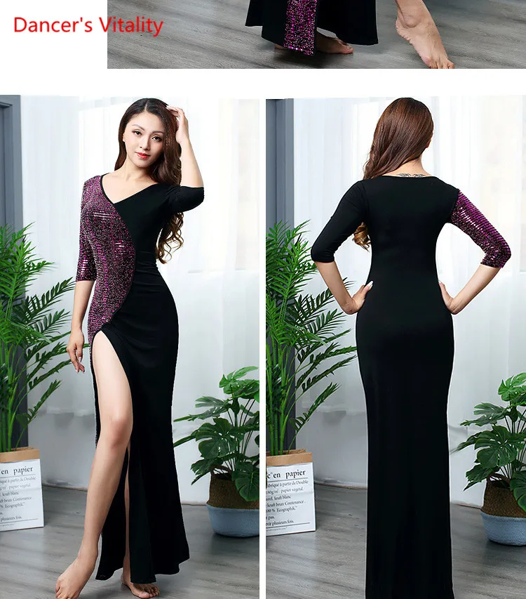 Женщины Производительность Длинное Платье Сплит One Piece Ча Блесток + Модальный