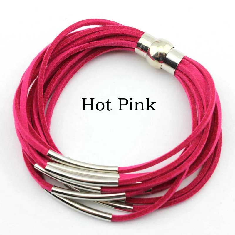 Silver Hot Pink Новинка Модные женские магнитные застежка в виде трубки браслеты и браслеты Многослойные 12 Бархатные браслеты модные ювелирные изделия - Окраска металла: Silver Hot Pink