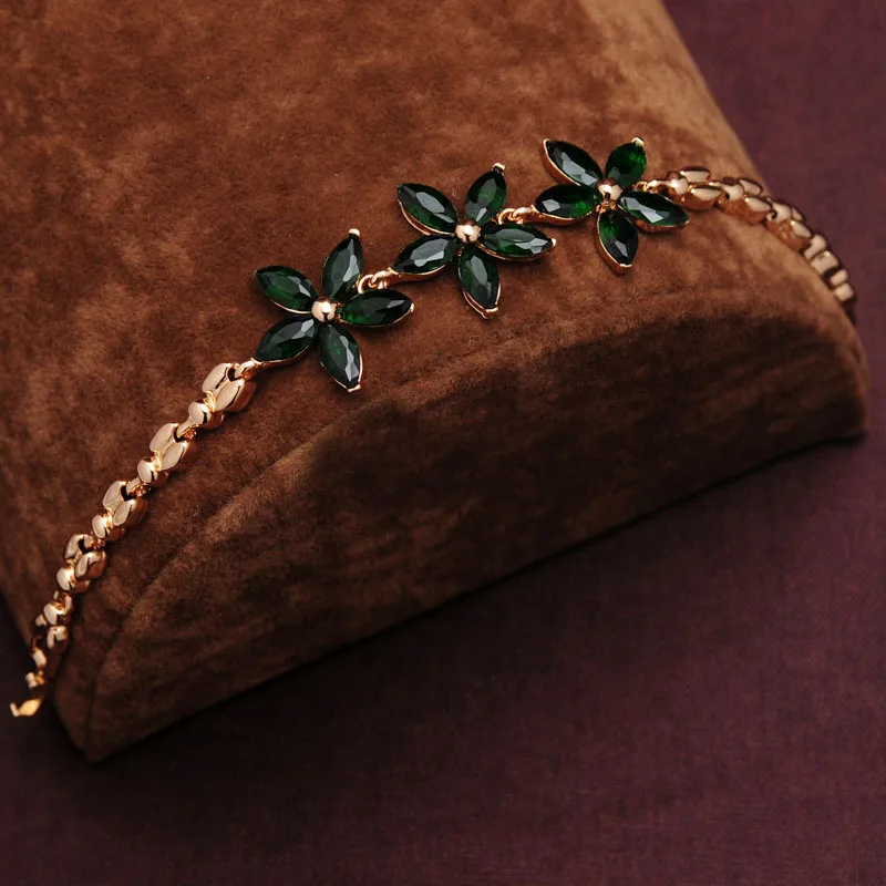 Женские очаровательные браслеты цепочки с темно зеленым кристаллом золотистого