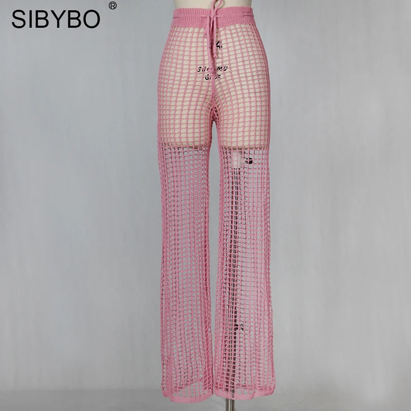 Sibybo женские белые брюки связанные крючком кружевные открытые с высокой талией сексуальные кружевные пляжные свободные мягкие широкие женские брюки