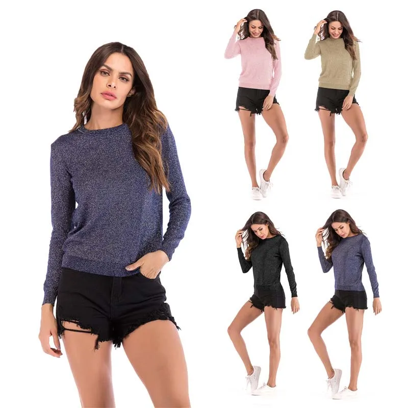 Женский вязаный свитер однотонный черный с круглым вырезом на весну и зиму |