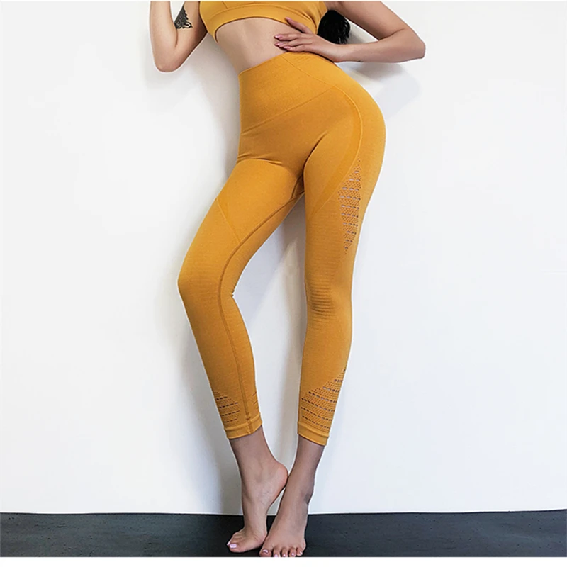 Летние желтые леггинсы для спортзала женские высокие эластичные бесшовные штаны