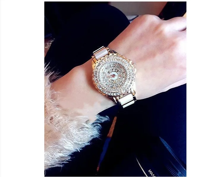 Новые женские модные часы роскошные с браслетом из розового золота кристаллами и