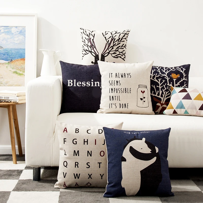 Nordic Flora  Fauna Blue Bear Deer Cushion Black Pillow Covers Decorative Home Decoration salon PillowCase